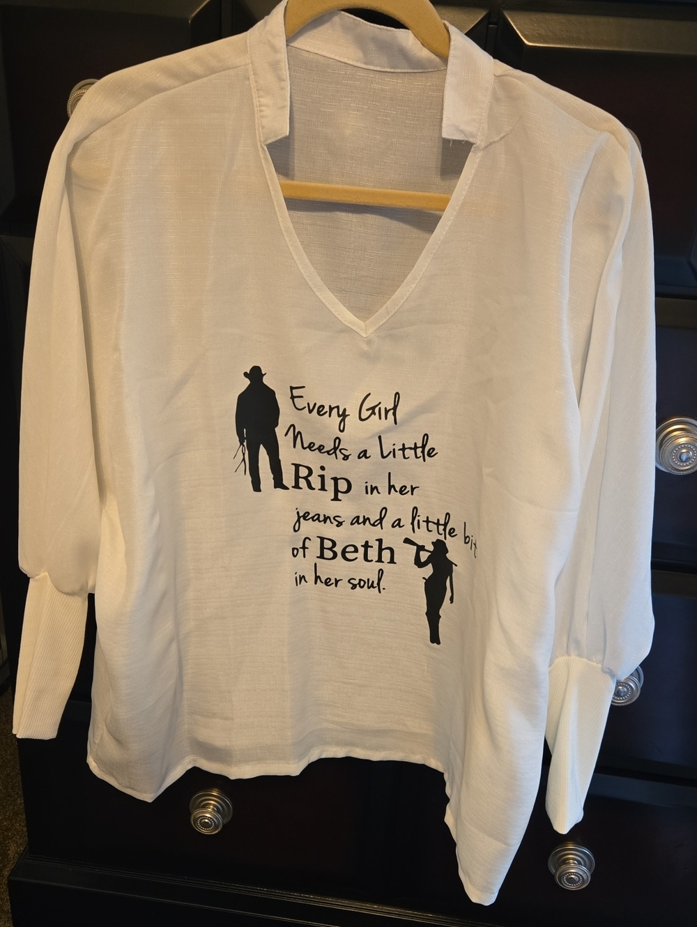 White V-Neck Graphic Tunic Top with Black Western Print